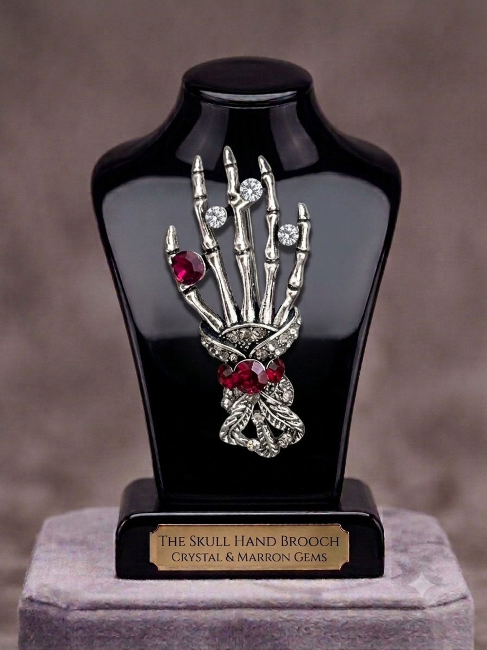 Skeleton Hand Brooch with Red and Clear Gems